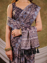 Slate Blue Pure Chinnon Ajrakh Printed Saree with Tassel Edges, Traditional Ethnic Print & Matching Blouse Piece