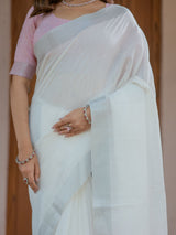 Pure White & Blush Pink Handloom Mul Cotton Saree with Minimal Striped Border & Tassel Detailing