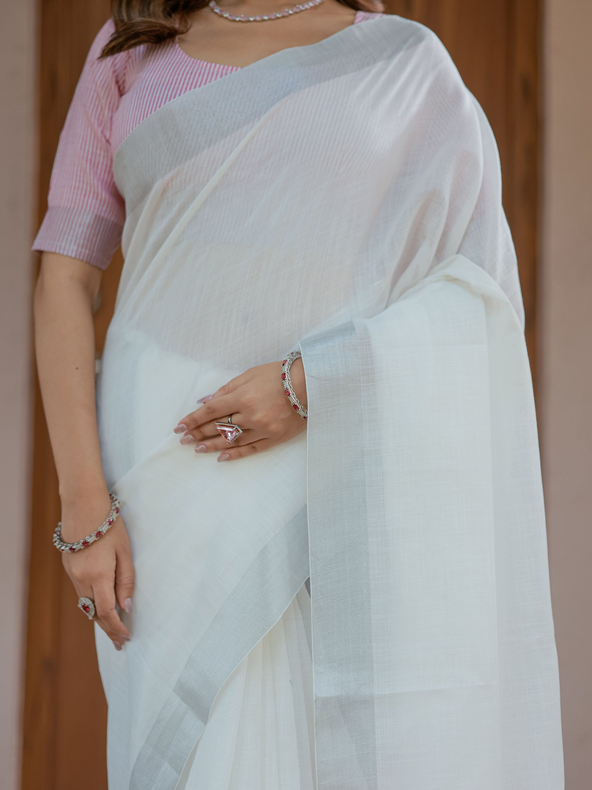 Pure White & Blush Pink Handloom Mul Cotton Saree with Minimal Striped Border & Tassel Detailing