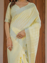 Sunshine Yellow Pure Handloom Mul Cotton Saree with Subtle Striped Weaving & Tassel Detailing