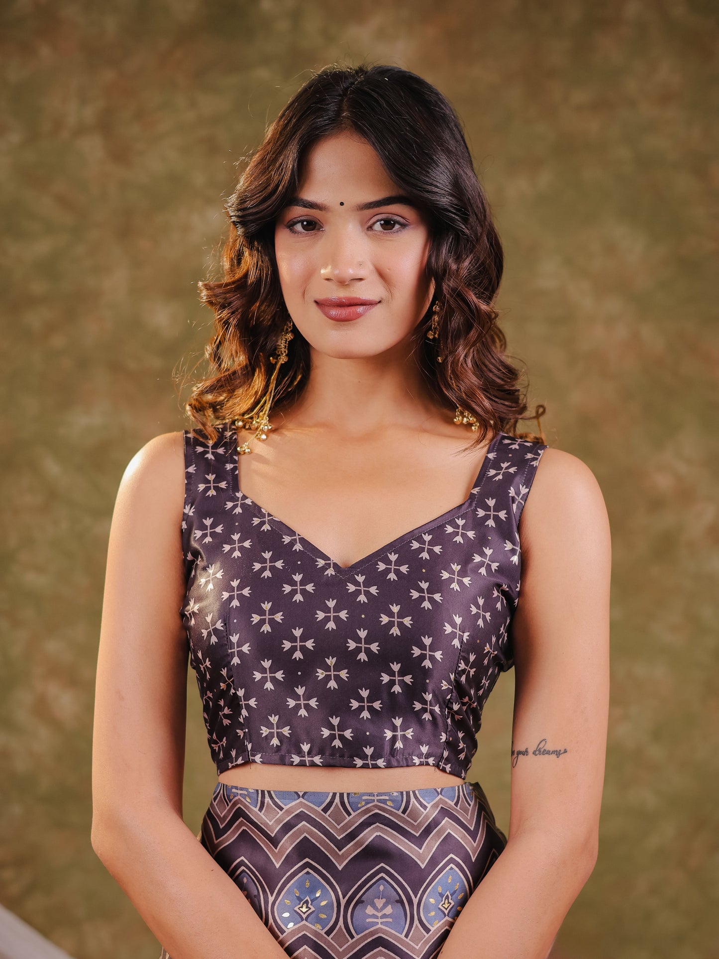 Slate Blue Pure Chinnon Ajrakh Printed Saree with Tassel Edges, Traditional Ethnic Print & Matching Blouse Piece