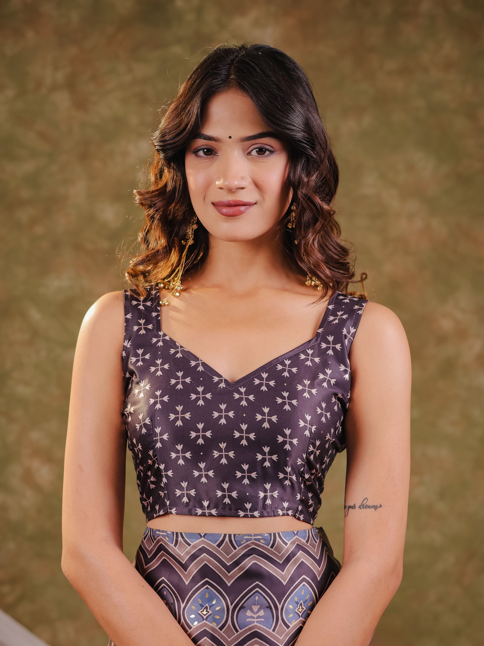 Slate Blue Pure Chinnon Ajrakh Printed Saree with Tassel Edges, Traditional Ethnic Print & Matching Blouse Piece