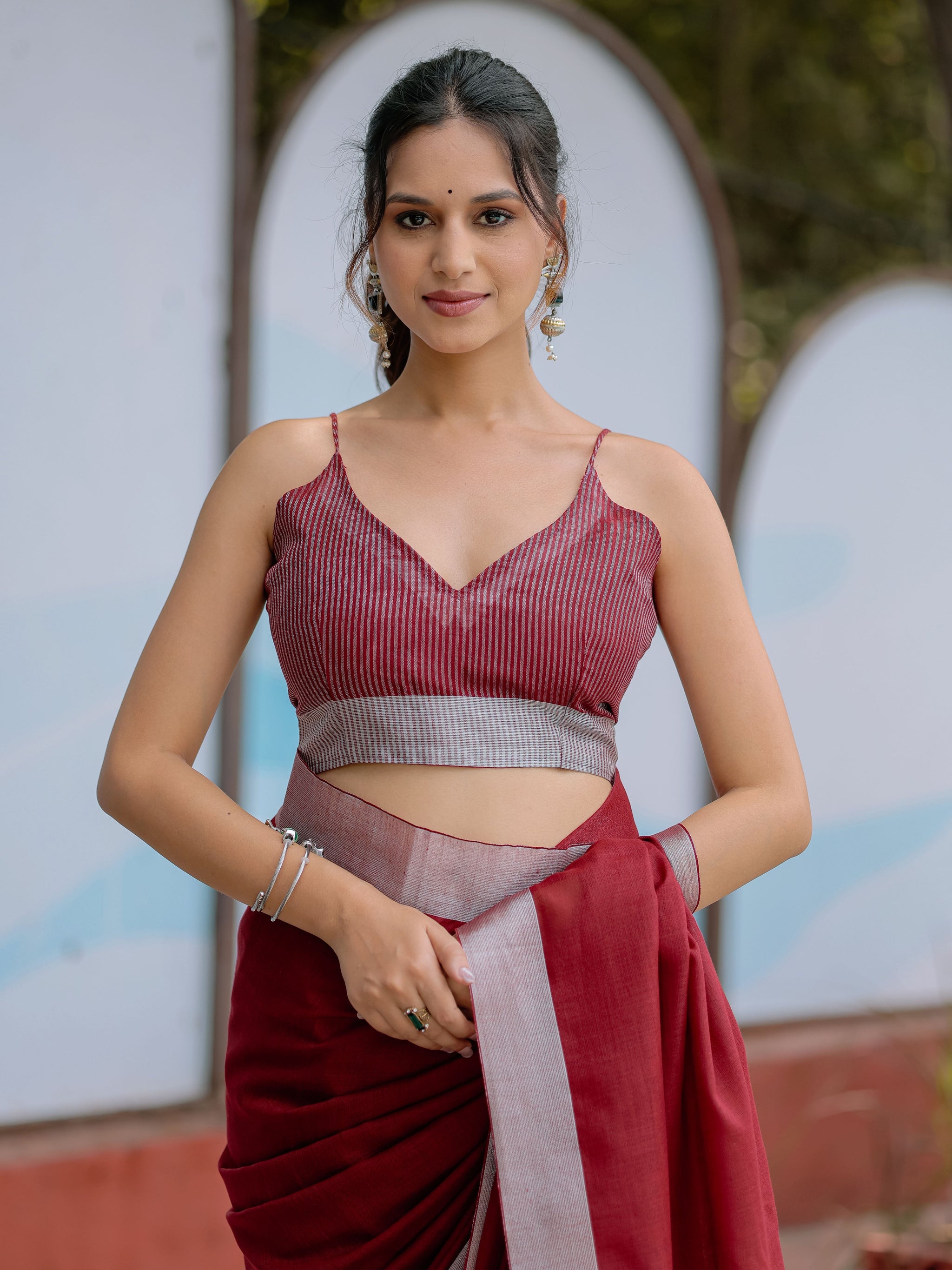 Elegant Wine Red Pure Handloom Mul Cotton Saree with Silver Border & Tassel Detailing