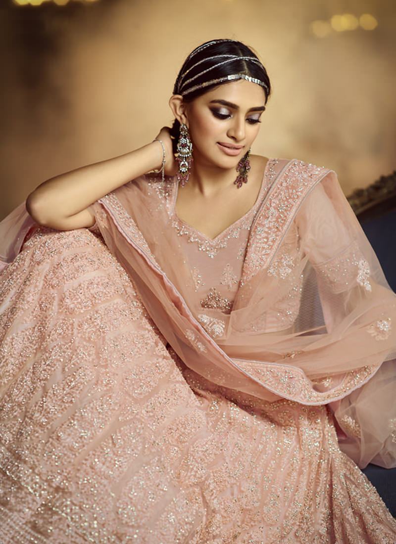 Decent Peach Zarkan Dori Soft Net Lehenga Choli Set