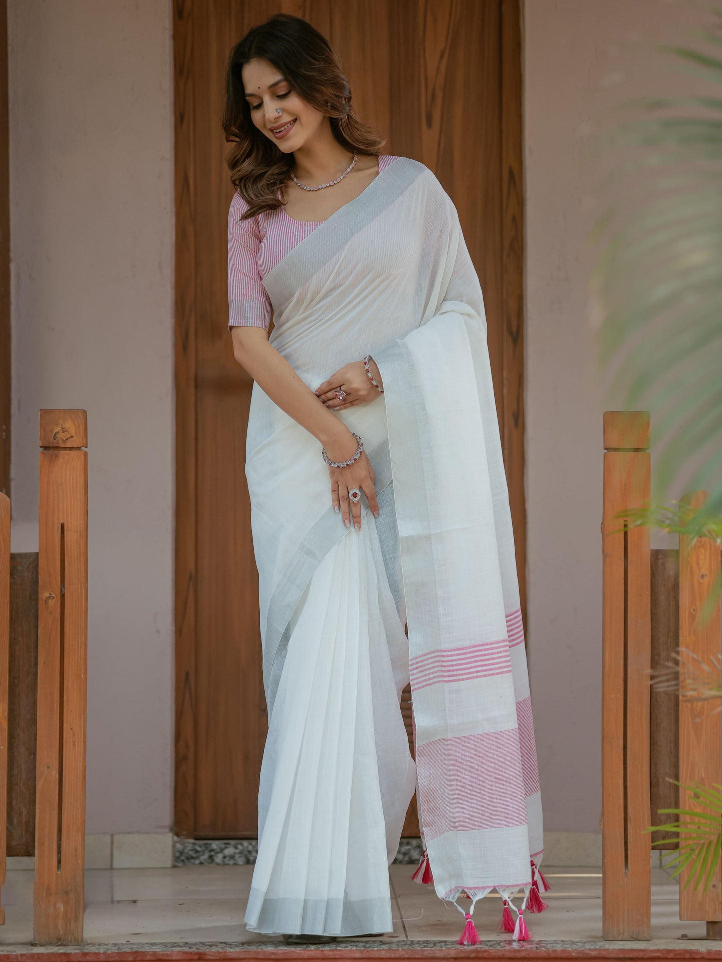 Pure White & Blush Pink Handloom Mul Cotton Saree with Minimal Striped Border & Tassel Detailing