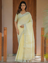 Sunshine Yellow Pure Handloom Mul Cotton Saree with Subtle Striped Weaving & Tassel Detailing