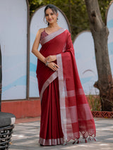Elegant Wine Red Pure Handloom Mul Cotton Saree with Silver Border & Tassel Detailing