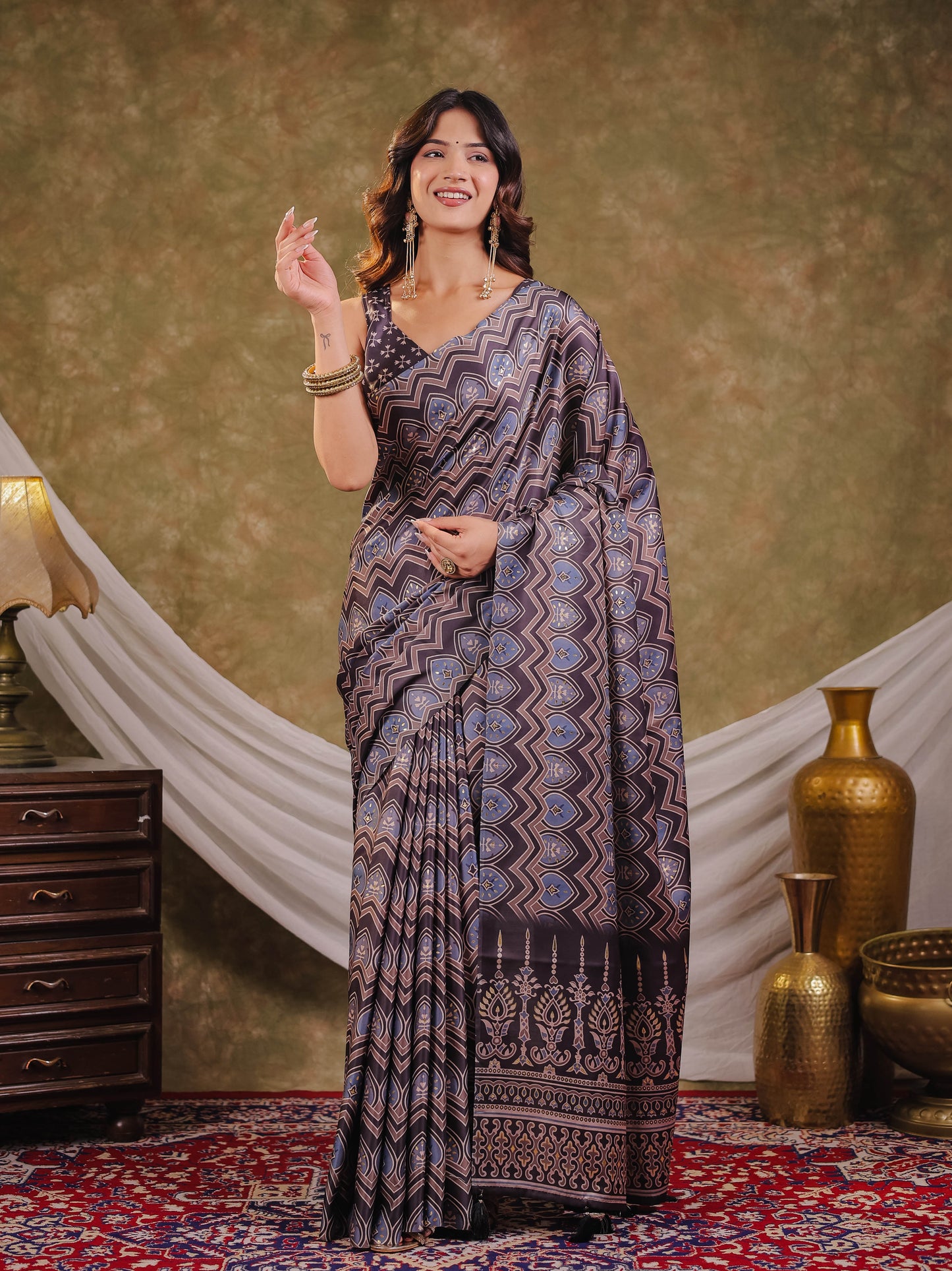 Slate Blue Pure Chinnon Ajrakh Printed Saree with Tassel Edges, Traditional Ethnic Print & Matching Blouse Piece