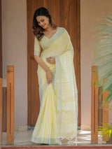 Sunshine Yellow Pure Handloom Mul Cotton Saree with Subtle Striped Weaving & Tassel Detailing
