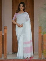 Pure White & Blush Pink Handloom Mul Cotton Saree with Minimal Striped Border & Tassel Detailing