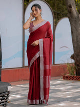 Elegant Wine Red Pure Handloom Mul Cotton Saree with Silver Border & Tassel Detailing