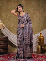 Slate Blue Pure Chinnon Ajrakh Printed Saree with Tassel Edges, Traditional Ethnic Print & Matching Blouse Piece