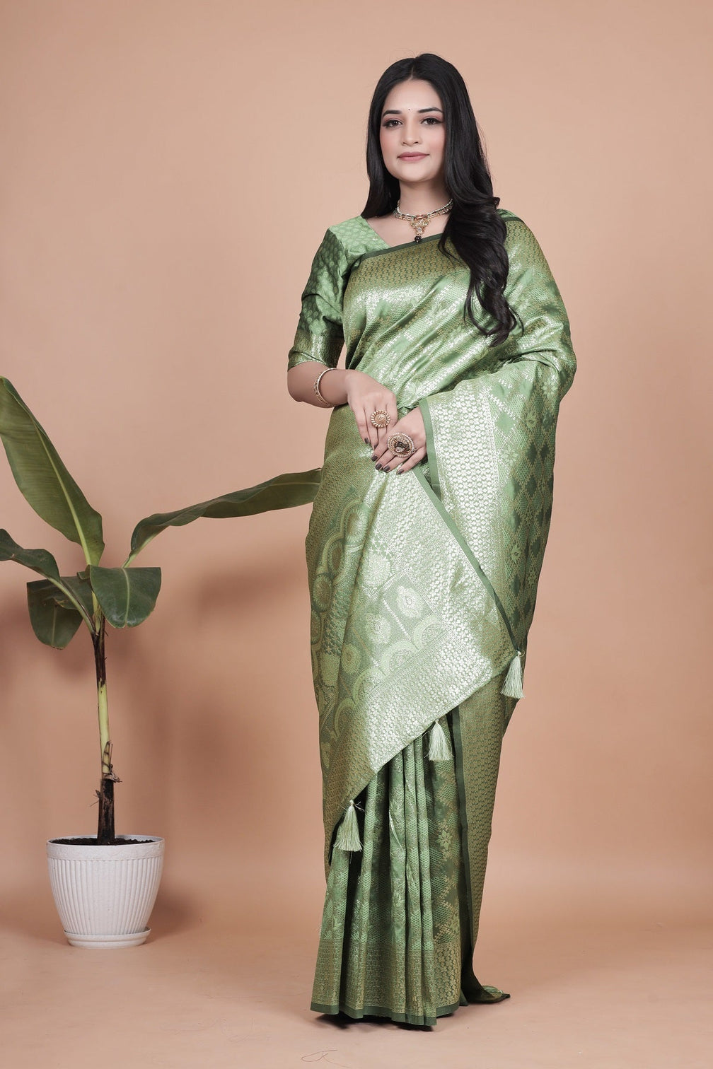 Green Banarasi Silk Saree with Traditional Zari Work and Tassel Detailing – Perfect for Weddings, Festive Occasions, and Parties