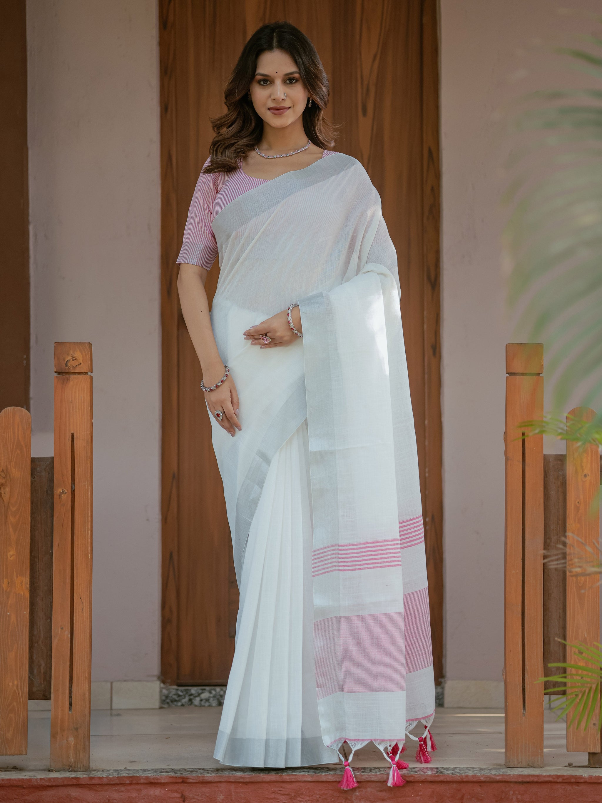 Pure White & Blush Pink Handloom Mul Cotton Saree with Minimal Striped Border & Tassel Detailing