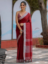 Elegant Wine Red Pure Handloom Mul Cotton Saree with Silver Border & Tassel Detailing