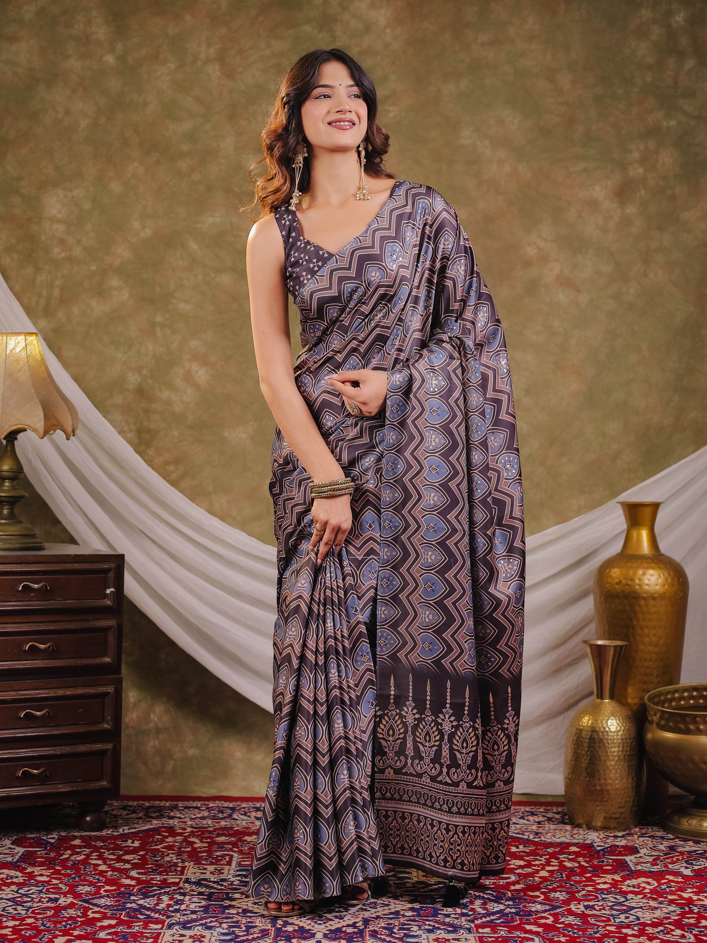 Slate Blue Pure Chinnon Ajrakh Printed Saree with Tassel Edges, Traditional Ethnic Print & Matching Blouse Piece