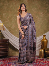 Slate Blue Pure Chinnon Ajrakh Printed Saree with Tassel Edges, Traditional Ethnic Print & Matching Blouse Piece