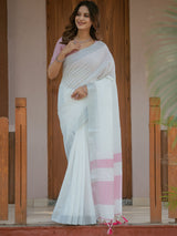 Pure White & Blush Pink Handloom Mul Cotton Saree with Minimal Striped Border & Tassel Detailing