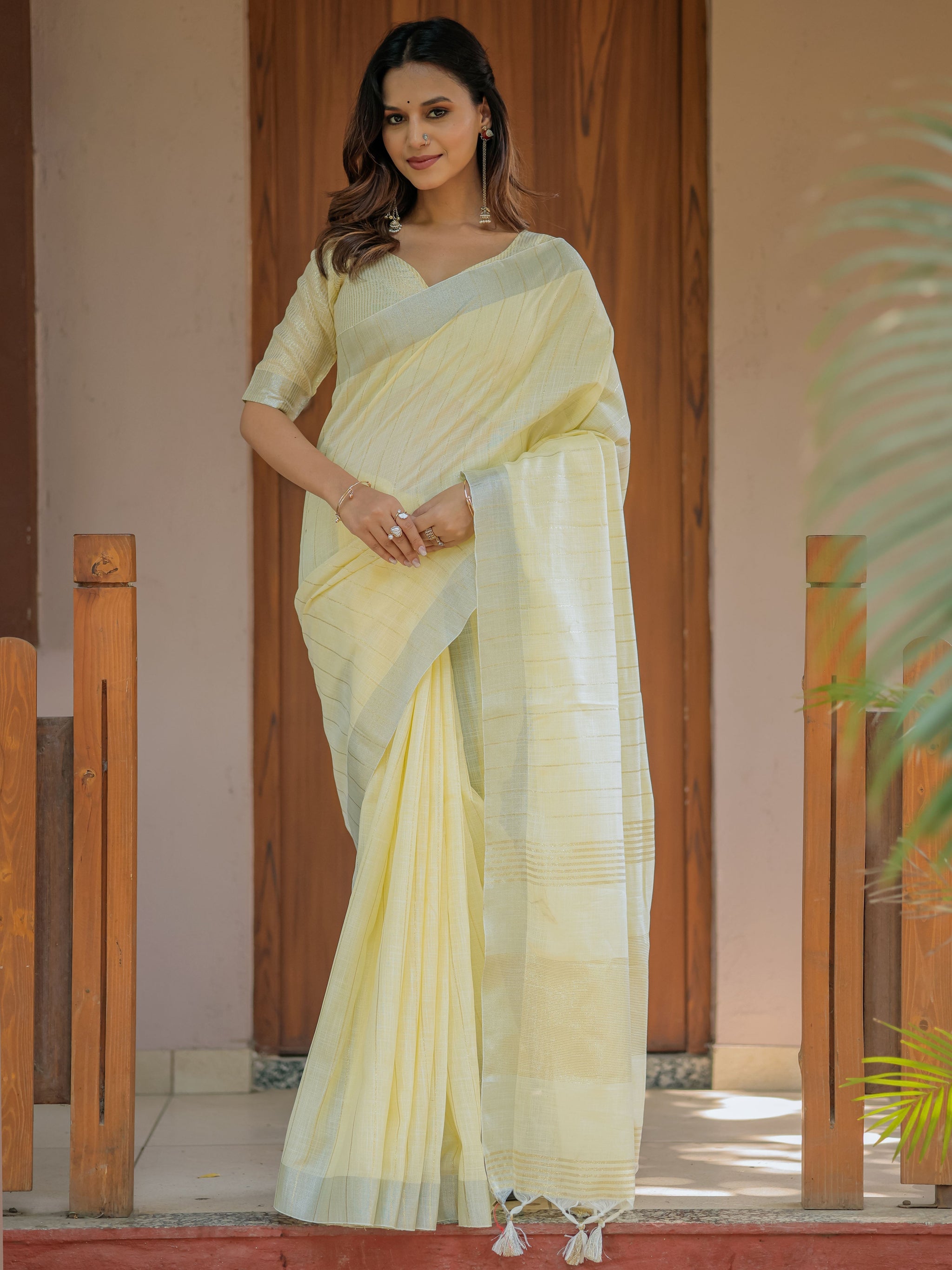 Sunshine Yellow Pure Handloom Mul Cotton Saree with Subtle Striped Weaving & Tassel Detailing
