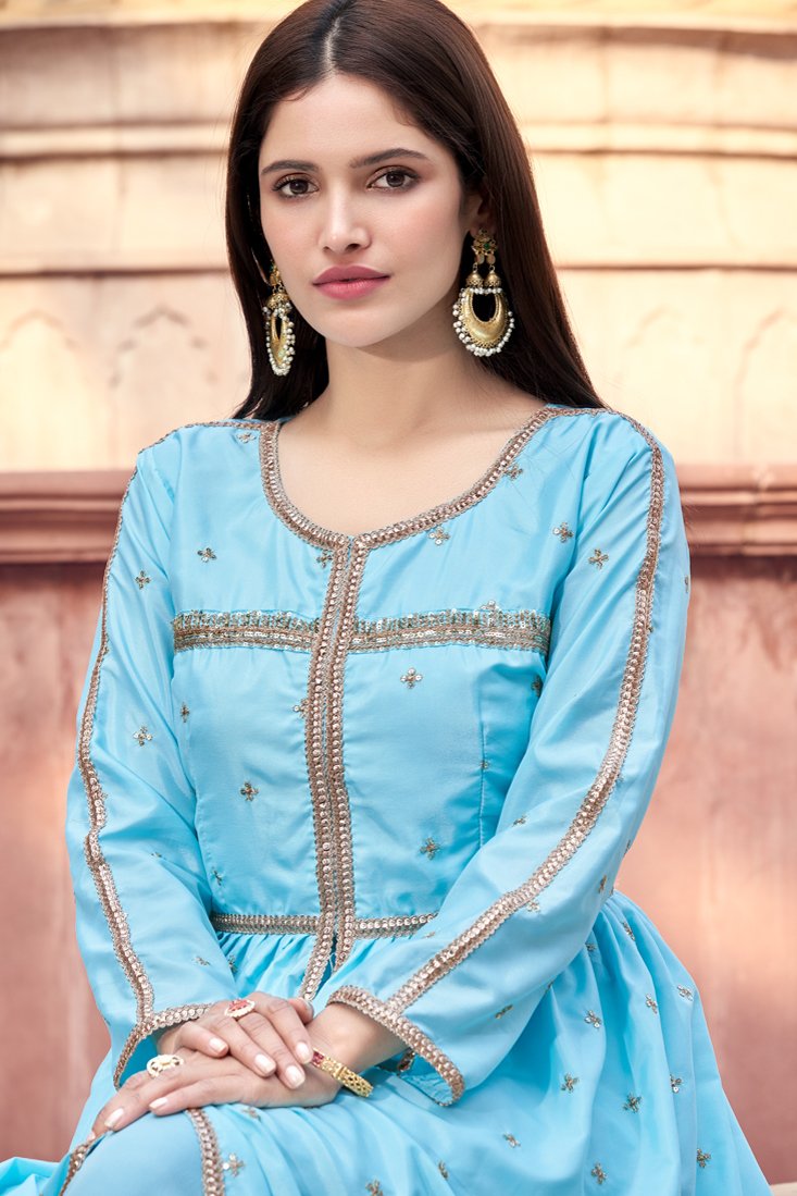 Blue Colored Semi Stitched Kurti & Unstitched Pant Set
