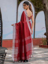 Elegant Wine Red Pure Handloom Mul Cotton Saree with Silver Border & Tassel Detailing