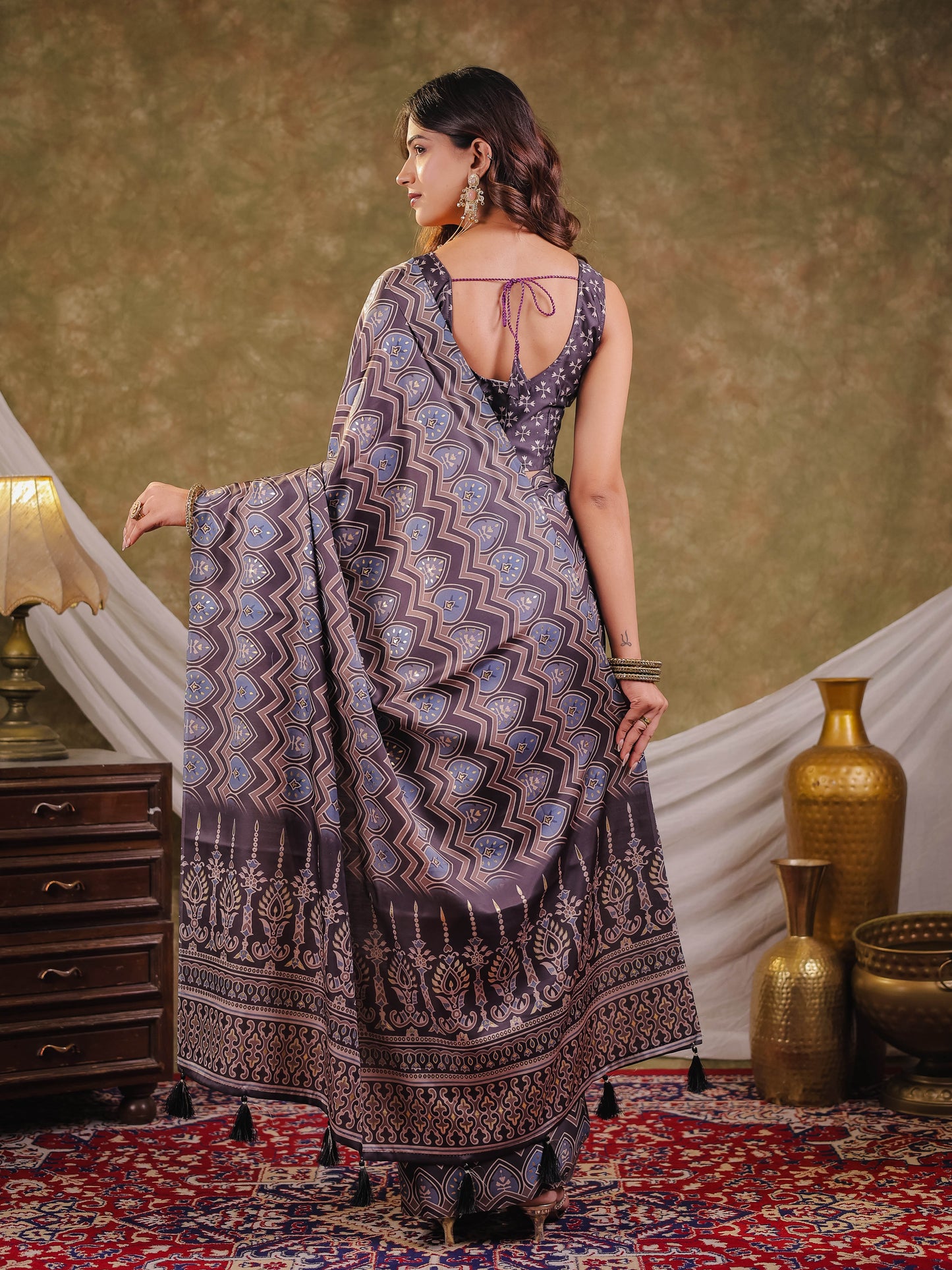 Slate Blue Pure Chinnon Ajrakh Printed Saree with Tassel Edges, Traditional Ethnic Print & Matching Blouse Piece