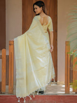 Sunshine Yellow Pure Handloom Mul Cotton Saree with Subtle Striped Weaving & Tassel Detailing