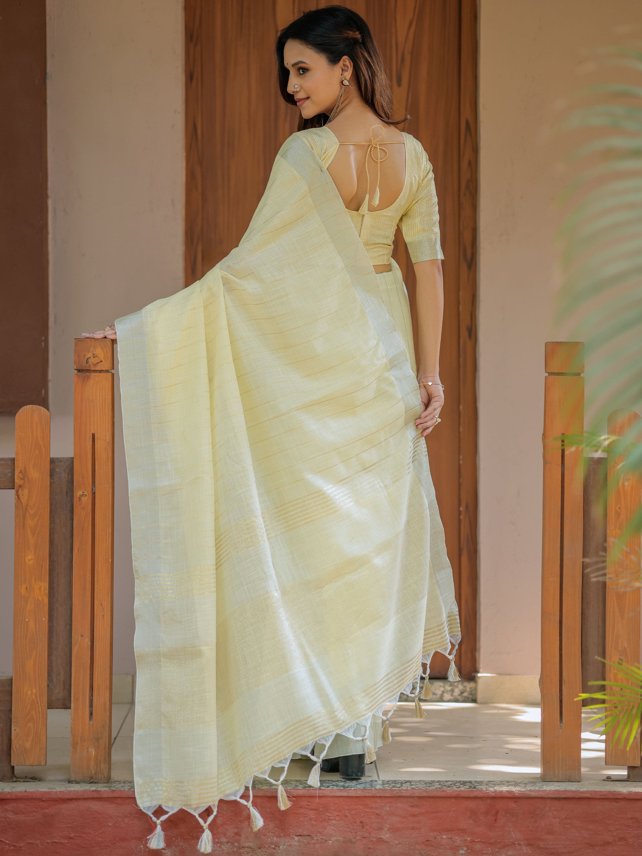 Sunshine Yellow Pure Handloom Mul Cotton Saree with Subtle Striped Weaving & Tassel Detailing