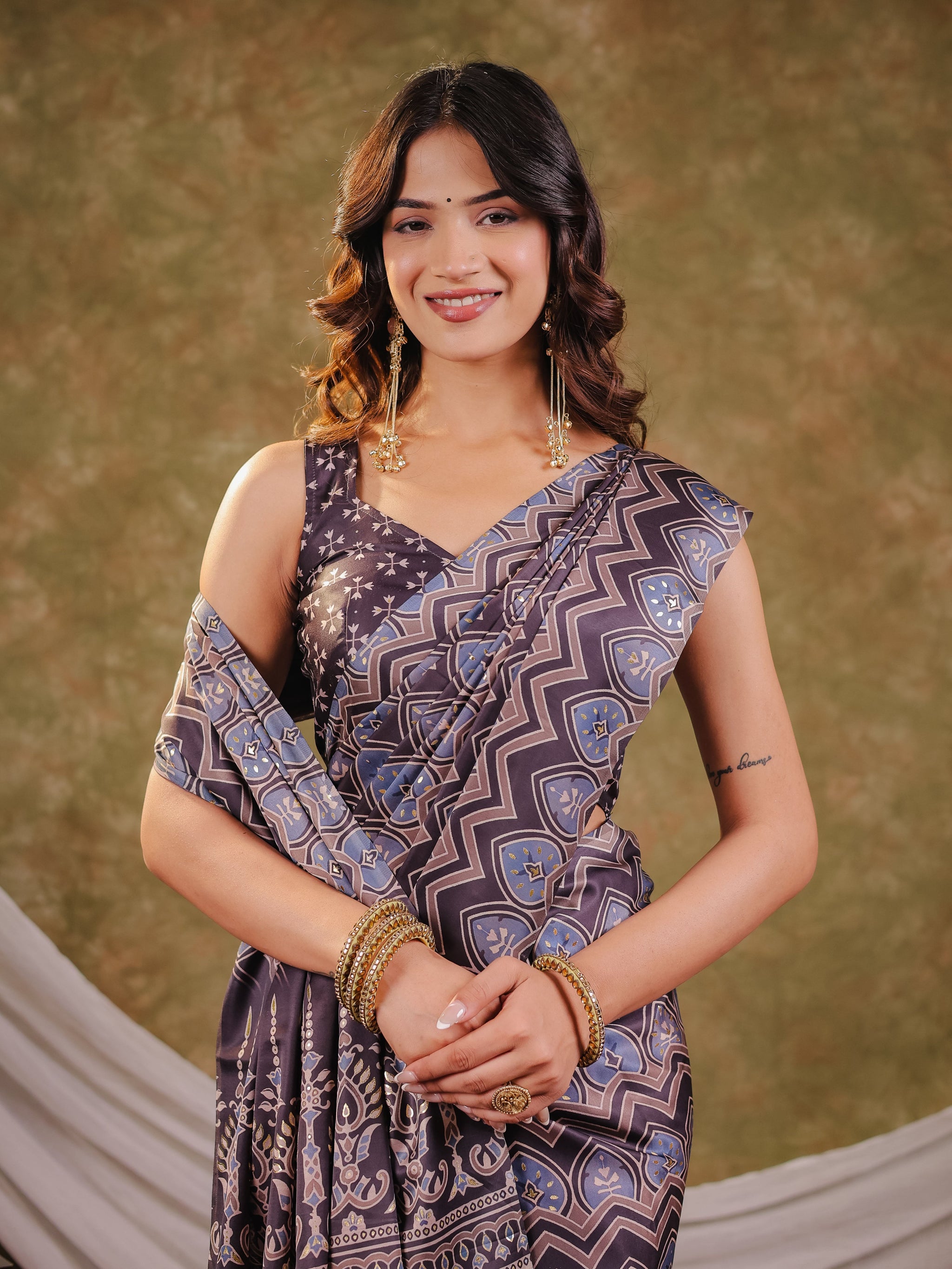 Slate Blue Pure Chinnon Ajrakh Printed Saree with Tassel Edges, Traditional Ethnic Print & Matching Blouse Piece