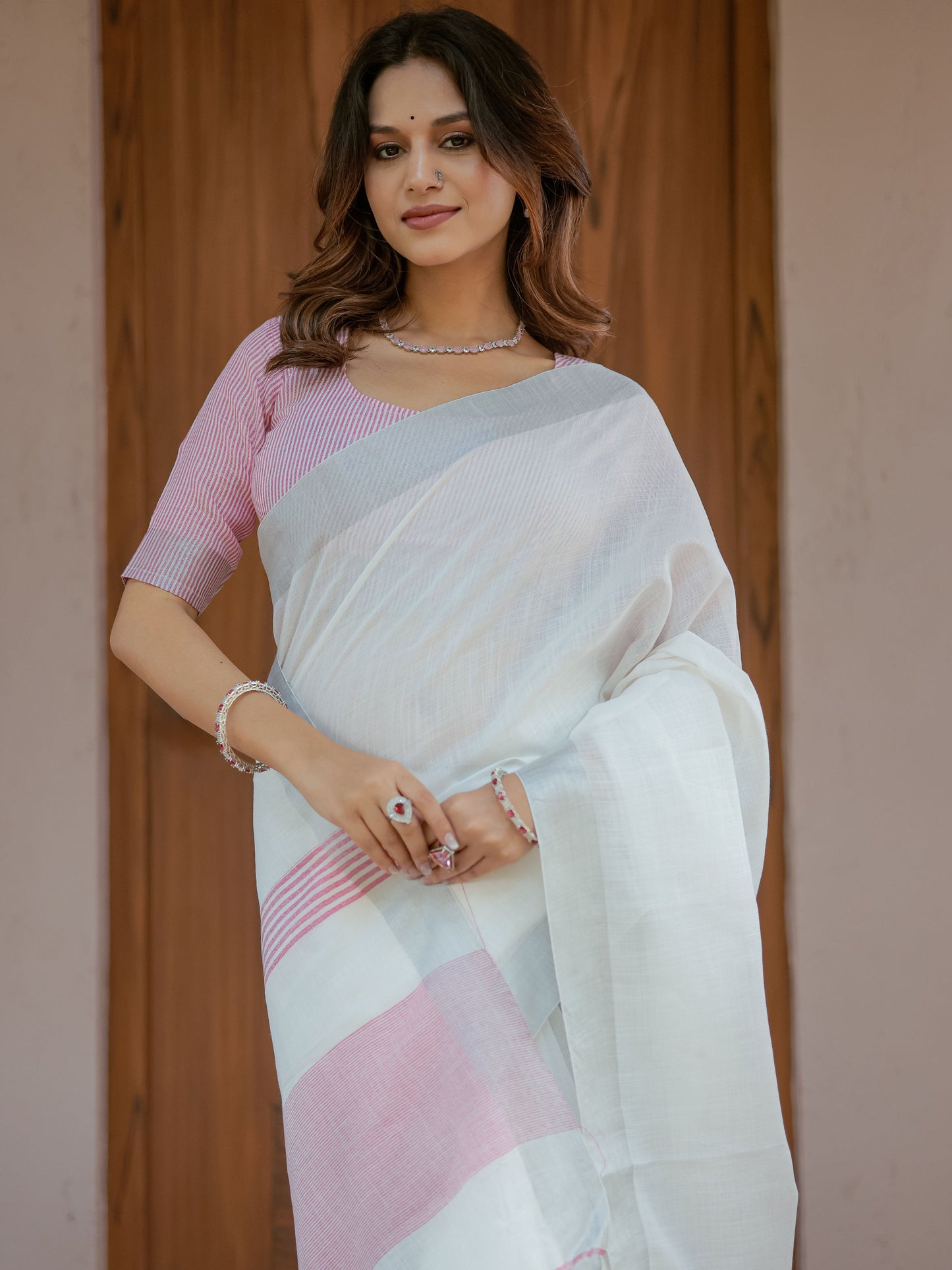 Pure White & Blush Pink Handloom Mul Cotton Saree with Minimal Striped Border & Tassel Detailing