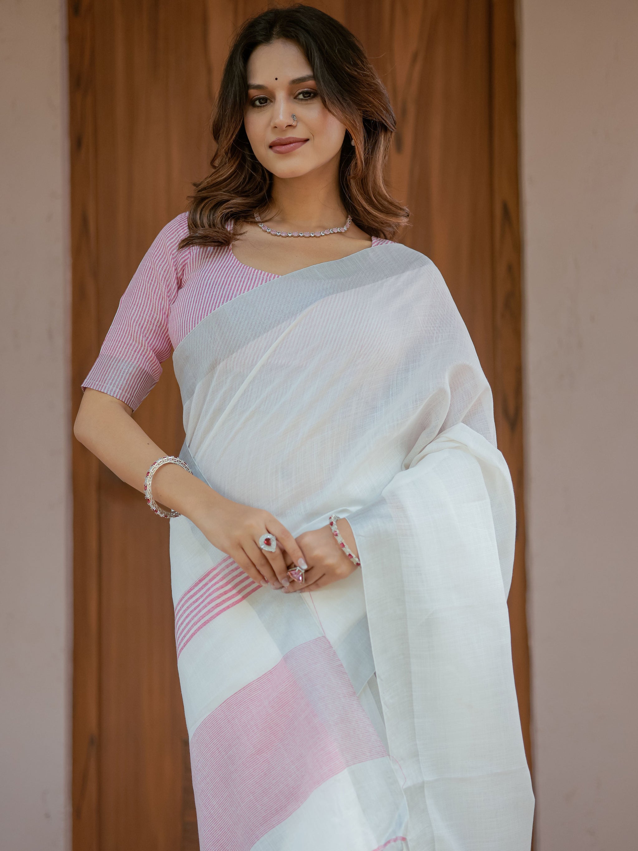 Pure White & Blush Pink Handloom Mul Cotton Saree with Minimal Striped Border & Tassel Detailing