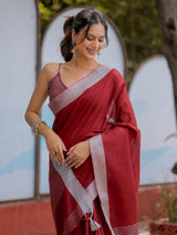 Elegant Wine Red Pure Handloom Mul Cotton Saree with Silver Border & Tassel Detailing