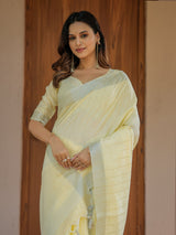 Sunshine Yellow Pure Handloom Mul Cotton Saree with Subtle Striped Weaving & Tassel Detailing