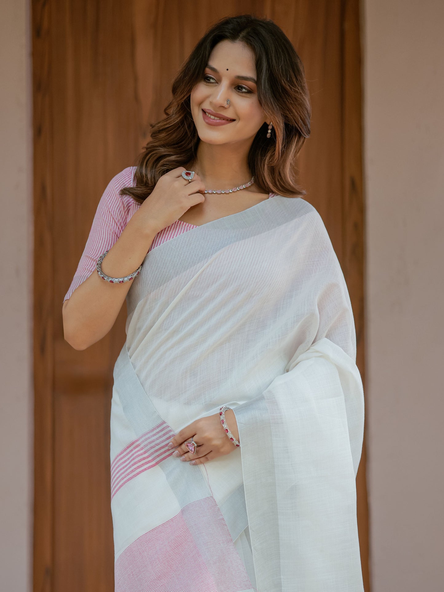 Pure White & Blush Pink Handloom Mul Cotton Saree with Minimal Striped Border & Tassel Detailing