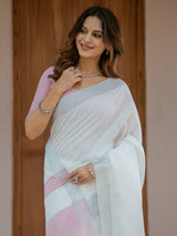 Pure White & Blush Pink Handloom Mul Cotton Saree with Minimal Striped Border & Tassel Detailing