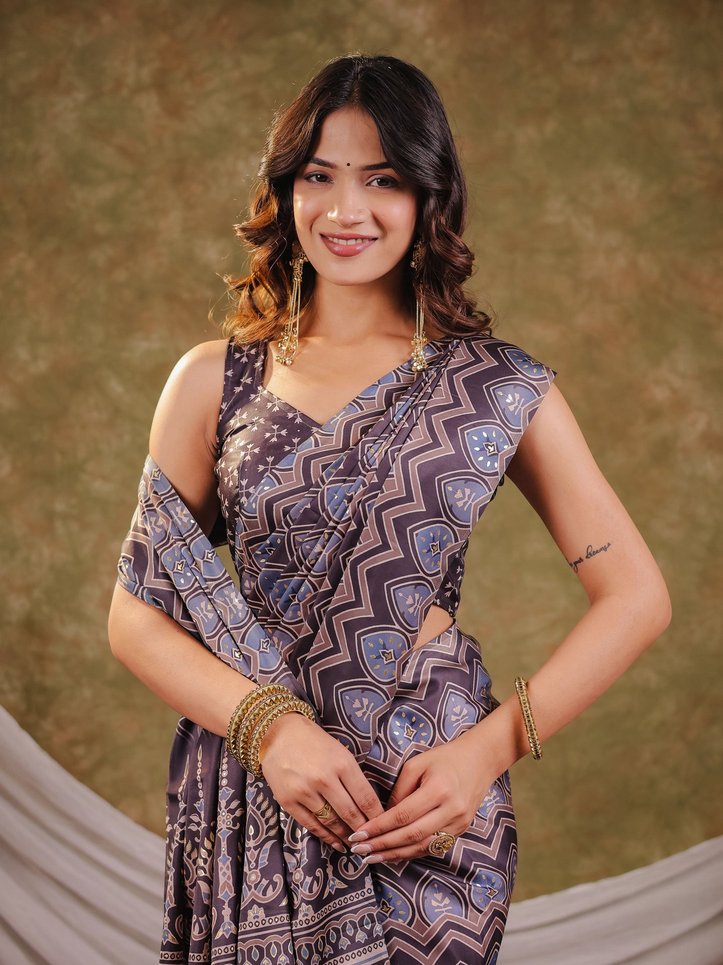 Slate Blue Pure Chinnon Ajrakh Printed Saree with Tassel Edges, Traditional Ethnic Print & Matching Blouse Piece