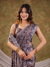 Slate Blue Pure Chinnon Ajrakh Printed Saree with Tassel Edges, Traditional Ethnic Print & Matching Blouse Piece