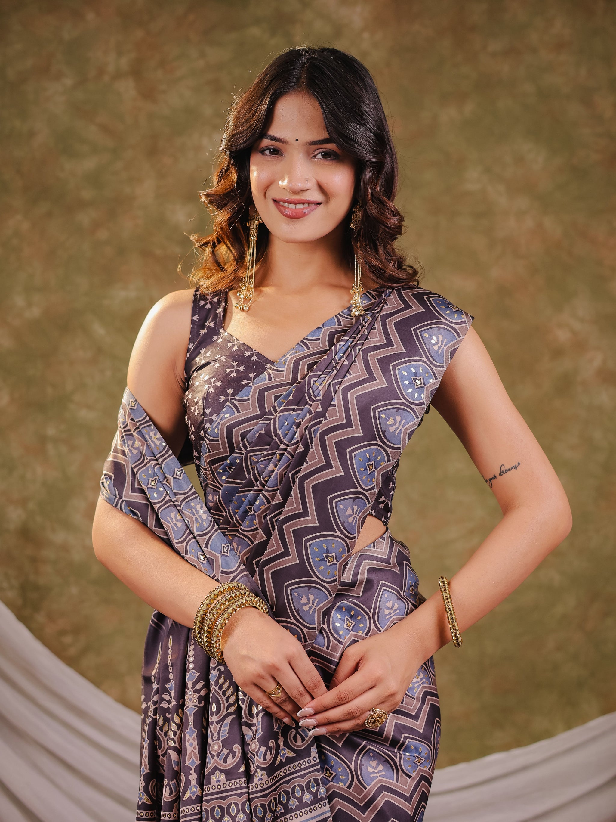 Slate Blue Pure Chinnon Ajrakh Printed Saree with Tassel Edges, Traditional Ethnic Print & Matching Blouse Piece