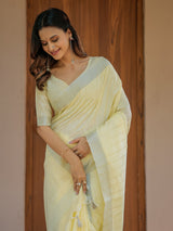 Sunshine Yellow Pure Handloom Mul Cotton Saree with Subtle Striped Weaving & Tassel Detailing