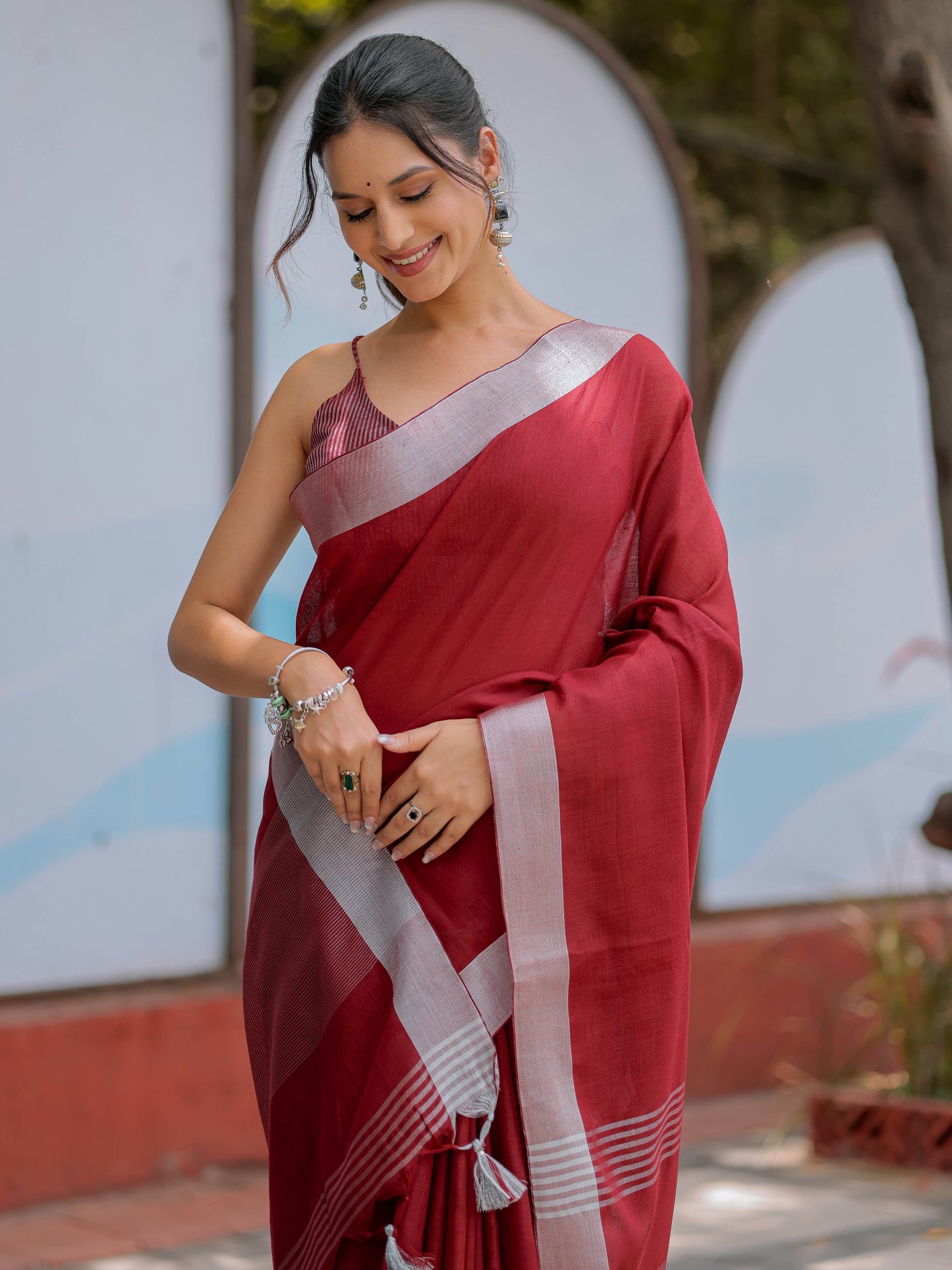 Elegant Wine Red Pure Handloom Mul Cotton Saree with Silver Border & Tassel Detailing