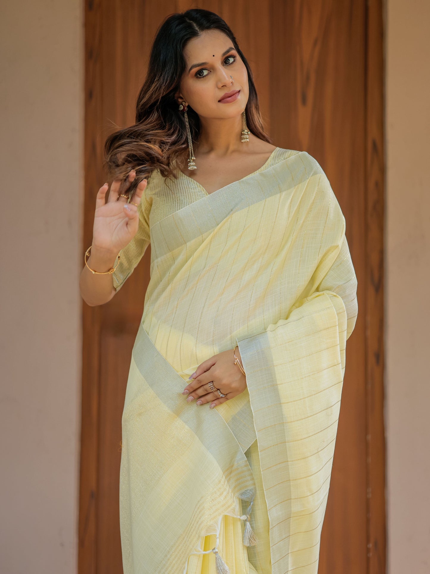Sunshine Yellow Pure Handloom Mul Cotton Saree with Subtle Striped Weaving & Tassel Detailing