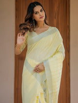 Sunshine Yellow Pure Handloom Mul Cotton Saree with Subtle Striped Weaving & Tassel Detailing