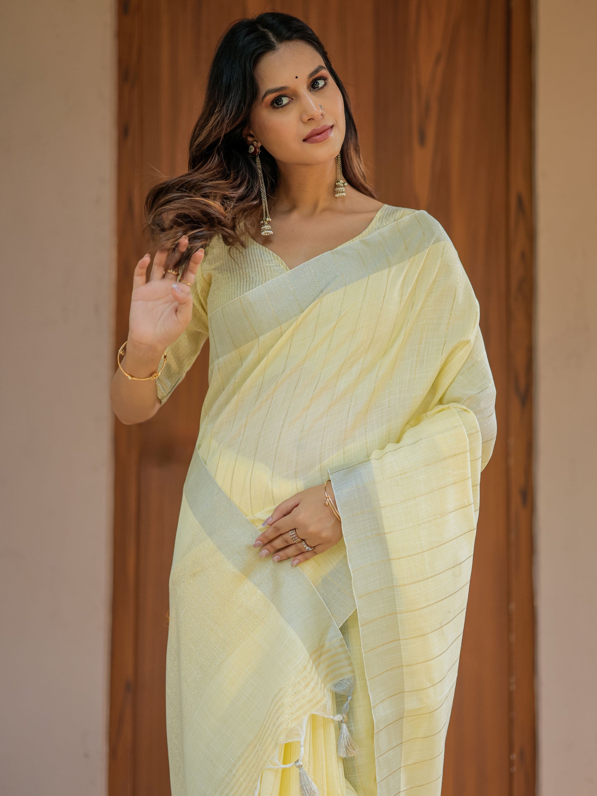 Sunshine Yellow Pure Handloom Mul Cotton Saree with Subtle Striped Weaving & Tassel Detailing