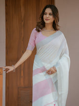 Pure White & Blush Pink Handloom Mul Cotton Saree with Minimal Striped Border & Tassel Detailing
