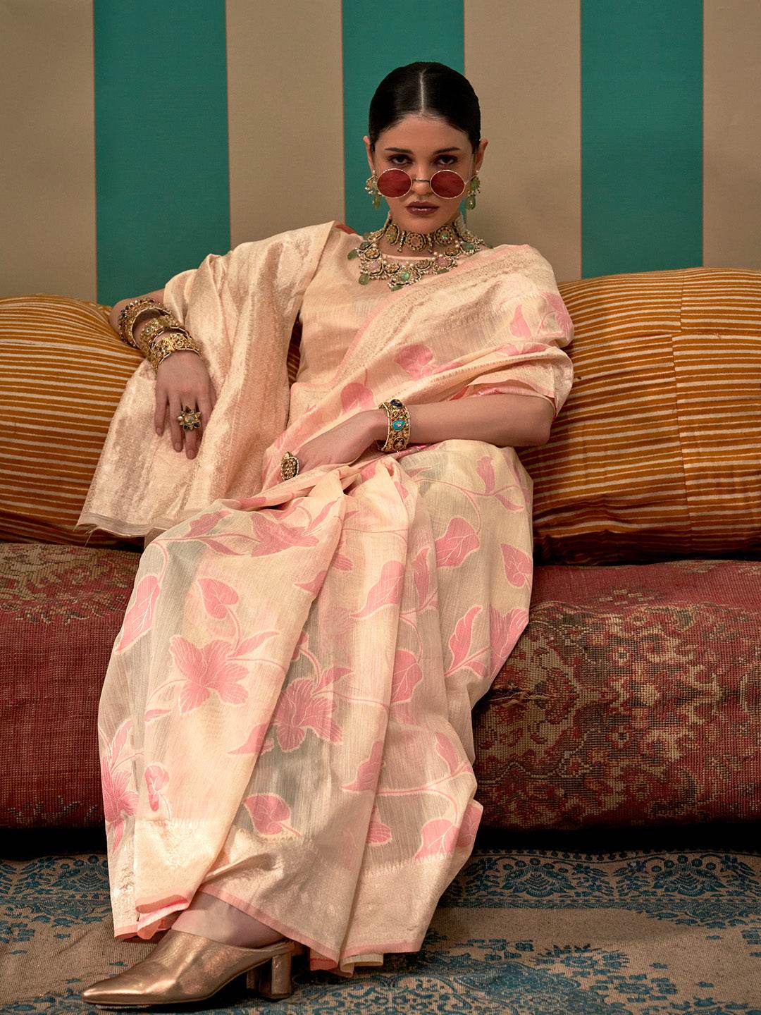 Cream Party Wear Linen Saree With Blouse Piece