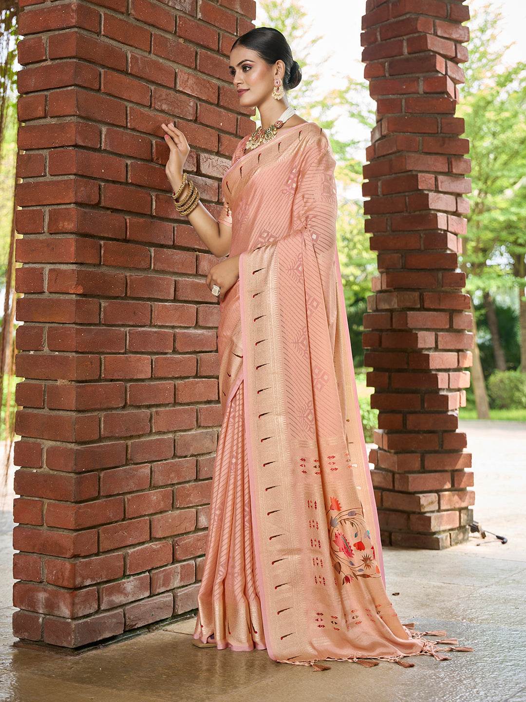 Peach Brasso Festive Wear Saree With Blouse Piece