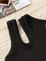 Girls Black Ribbed Sleeveless Crop Top & Striped Wide Leg Pants Set
