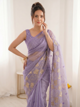Lavender Pure Oris Silk Saree with Embroidered Lotus Buttis & Applique Border