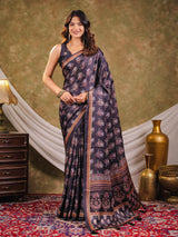 Charcoal Grey Pure Chinnon Ajrakh Printed Saree with Tassel Edges, Traditional Floral Print & Matching Blouse Piece