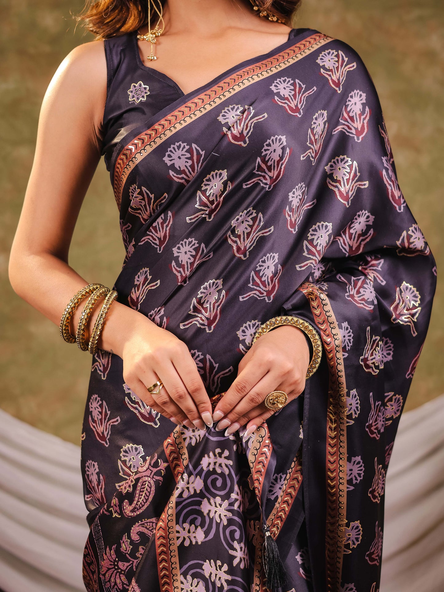 Charcoal Grey Pure Chinnon Ajrakh Printed Saree with Tassel Edges, Traditional Floral Print & Matching Blouse Piece